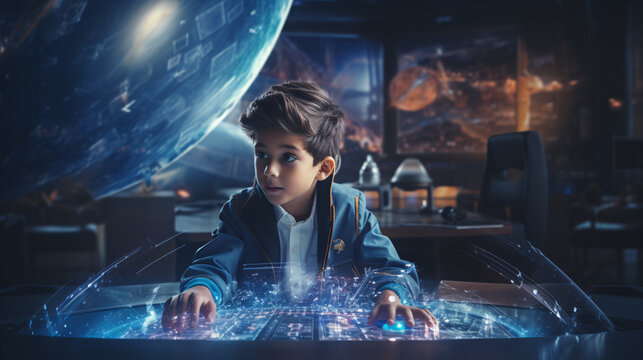 Boy pupil using digital tablet, blue hud with rocket launch and different icons, social media and network connection.