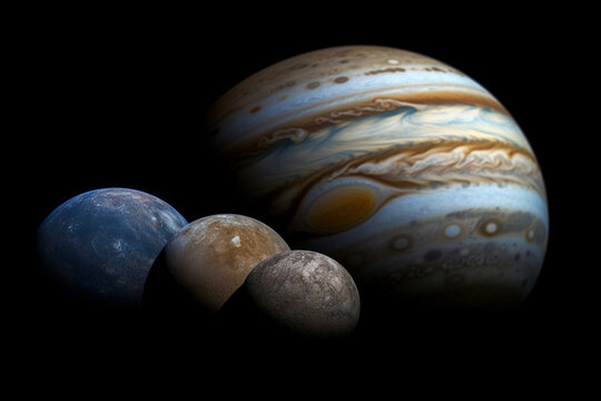 Jupiter and its four largest moons, Space, bokeh 