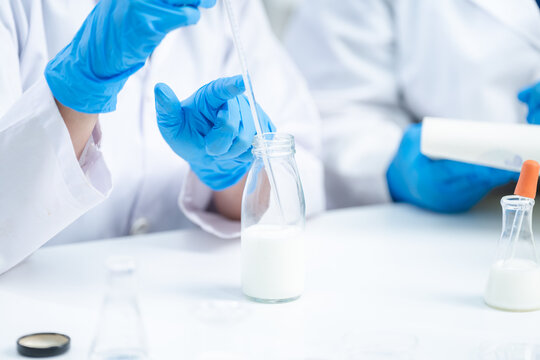 Food scientist testing new stuff samples of dairy products in the laboratory, female laboratory assistant checks a quality of milk, bottles glassware and glasses of milk to testing lactose forms