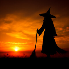 Silhouette of a Witch with a pointy hat and holding her broomstick, looking at the sunset and awaiting the night. Concept of Witches and Halloween. Shallow field of view.