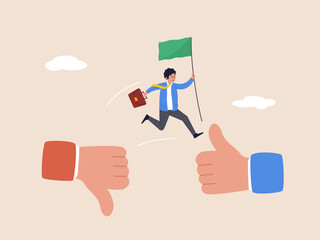 Feedback or review concept. Negative to positive situation. Businessman jumping from a thumbs down to a thumbs up icon roadmap to success. Modern flat vector.