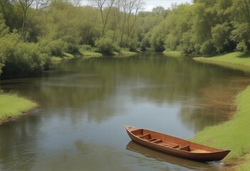 Old Wooden Boat in A beautiful river. Ai Generated