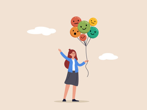 Emotional Control Concept. Self Regulation, Stressed Management Or Mental Health Awareness, Feeling And Expression, Calm Woman Holding Balloons With Emotion Or Expression Faces, Happy, Sad Or Fear.