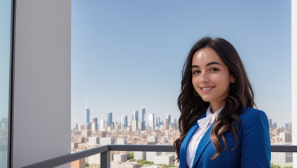 young office sales standing in front of big window with morning city sky view - Generative AI