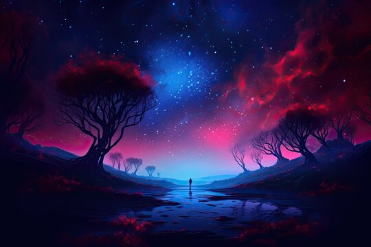 Fantasy, mystical landscape. Strange spooky magical arthouse style forest