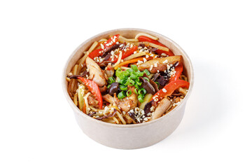 pasta with tomatoes, peppers and fried meat on a white background, studio shot 