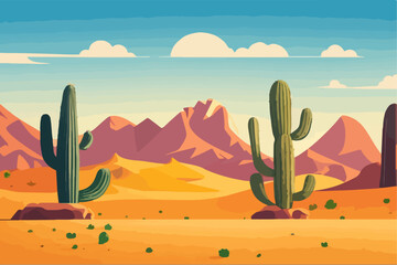 Cartoon desert landscape with cactus, hills, sun and mountains silhouettes, vector nature horizontal background.	
