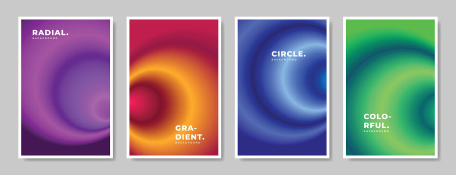 Colorful circle gradient background template copy space bundle. Radial color gradation backdrop design for poster, banner, event graphic element, magazine, cover, or brochure.