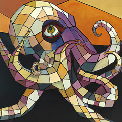 Surreal, Cubist view of large octopus