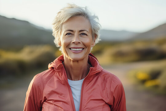 Portrait Happy Smiling Elderly Caucasian Cheerful Woman In Casual Autumn Clothes Outdoors Looking At Camera. Senior Active People Concept