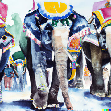 caparisoned elephants in hindu festival parade.