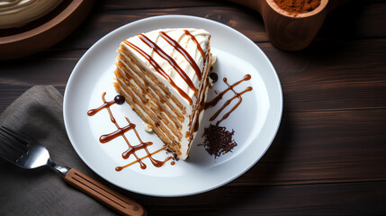 Photo of a delicious slice of cake with a caramel drizzle on a white plate