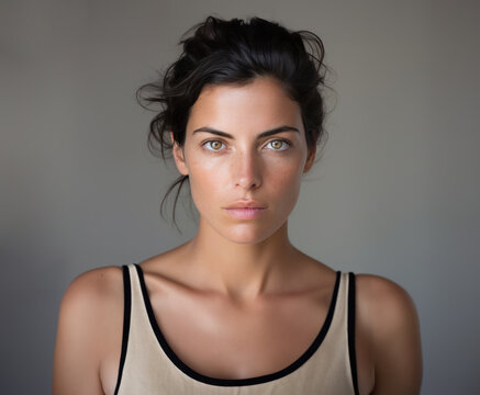 portrait d'une jeune femme 25-30 ans de type europ&eacute;en brune cheveux attach&eacute;, yeux clairs, de face, portant un d&eacute;bardeur beige et noir