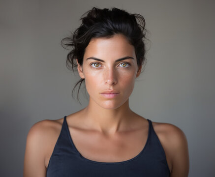 portrait d'une jeune femme 25-30 ans de type europ&eacute;en brune cheveux attach&eacute;, yeux clairs, de face, portant un haut noir 