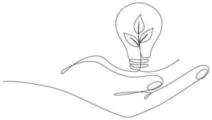 Photo sur Aluminium Une ligne Lightbulb with leaf in hand continuous line drawing. Arm holding sprout with leaves inside lamp. Linear eco symbol. Vector illustration isolated on white.