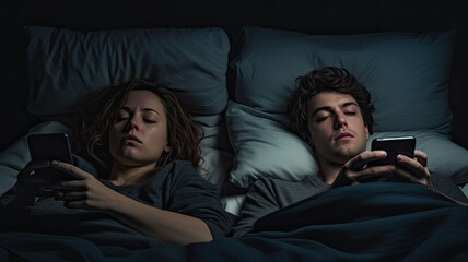 Fototapeta na wymiar siding Couple Couple sleep with smartphones in their bed. Mobile phone addiction. Bored distant couple ignoring each other lying in bed at night while using mobile phones.