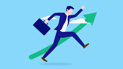Fototapeta na wymiar Businessman growth - Vector illustration of corporate person and green arrow pointing up. Career success and progress concept, flat design