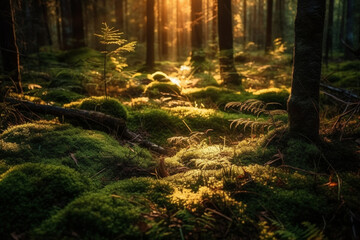 Sunlight filtering through the trees, illuminating the forest floor. Forest, bokeh 