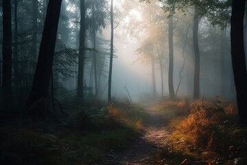 A foggy morning in the forest, with mist hanging low over the trees. Forest, bokeh 