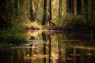 Fototapeta na wymiar A serene pond nestled in the heart of the forest, reflecting the trees around it. Forest, bokeh 