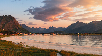 Sunset over a beach in Lofoten, in the summer