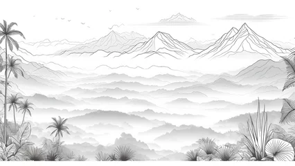 Poster Foggy landscape in the jungle. Fog and cloud mountain tropic valley landscape. aerial view, wide misty panorama © Nguyen