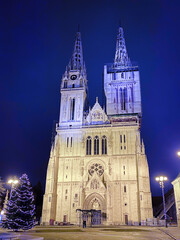 Illuminated Cathedral of Zagreb, Croatia at night in winter