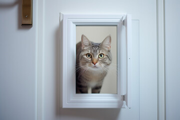 Cat Peeking Through Cat Flap Door