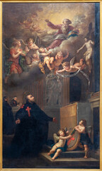 GENOVA, ITALY - MARCH 6, 2023: The painting of St. Camilus de Lellis in the church Chiesa di Santa Croce by painter with the G. P. intitials (1817). - obrazy, fototapety, plakaty