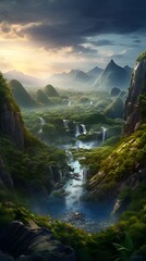 beautiful mountain waterfall painting scenery generative AI.