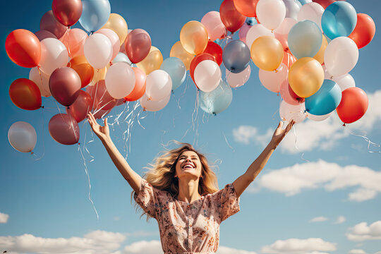 photograph of Happy birthday woman against the sky with rainbow-colored air balloons in hands.
