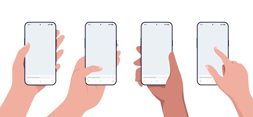 Obraz na płótnie Canvas Phone in hand mockup collection - Vector template with hands holding smartphones and using touchscreen. Flat design on white background