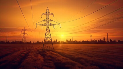 photograph of High voltage electric transmission tower at sunset.