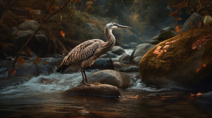 A bird perched on a rock in the middle of a flowing stream Generative Ai