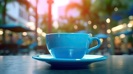Coffee Wonderland Blue Cup, Wood Table, and Amazing Cafe Glow easy background