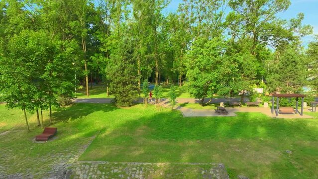 e Vistula river flowing through Ustroń and the view from the drone. Sunny summer day.