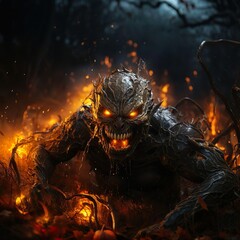 A terrible monster crawls out of the mud and flame. Generative AI