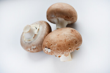 Mushrooms on a white background. Edible mushrooms from the store. Beautiful mushrooms.