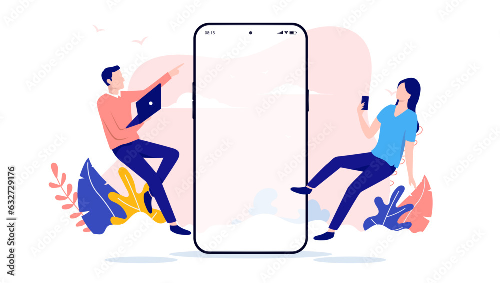 Fototapete App developers working on phone screen - Flying people with computer and devices doing work on white empty screen. Flat design with white background