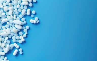 Various types of pills on a clean, plain background. vitamin tablets. the concept of medical drugs for health.