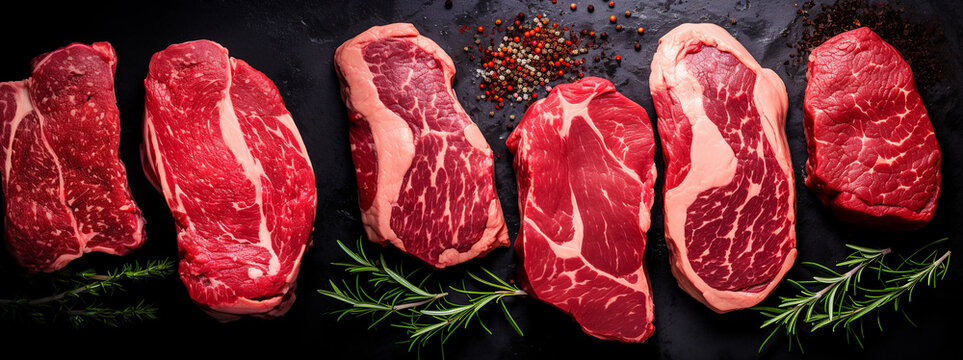 Variety of raw meat, black angus prime beef steaks machete, blade on bone, striploin, ribeye, tenderloin filet mignon on black background, top view copy space