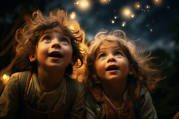 delightful photo of wonder and amazement on children's faces as they gaze at fireworks in the sky Generative AI