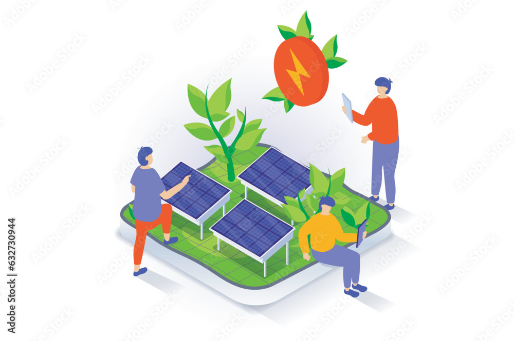 Aufkleber Eco lifestyle concept in 3d isometric design. People use solar panels station to generate clean green electricity and save plants and nature. Vector illustration with isometry scene for web graphic