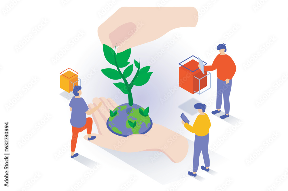 Leinwandbilder eco lifestyle concept in 3d isometric design. people care about environment and nature of planet, us