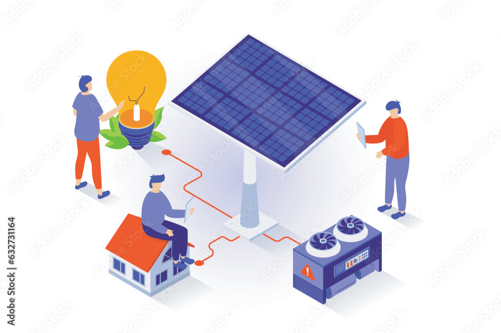 Aufkleber eco lifestyle concept in 3d isometric design. people use solar panels to generate green electricity 