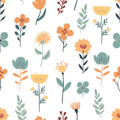 Seamless vector pattern with multicolored flowers in flat style on a light background.	