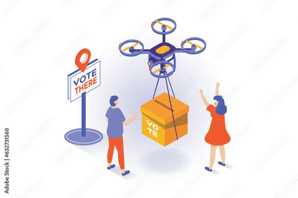Leinwandbilder Election and voting concept in 3d isometric design. People work the location of polling station and flying drone carries ballot box for voters. Vector illustration with isometry scene for web graphic