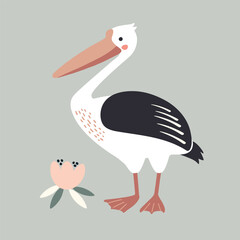 Pelican bird with lotus flower illustration in flat style.
