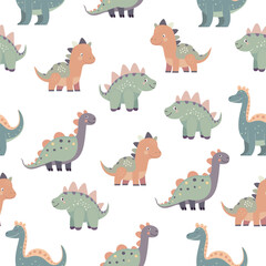 Seamless pattern with illustrations of cute cartoon dinosaurs on a white background.