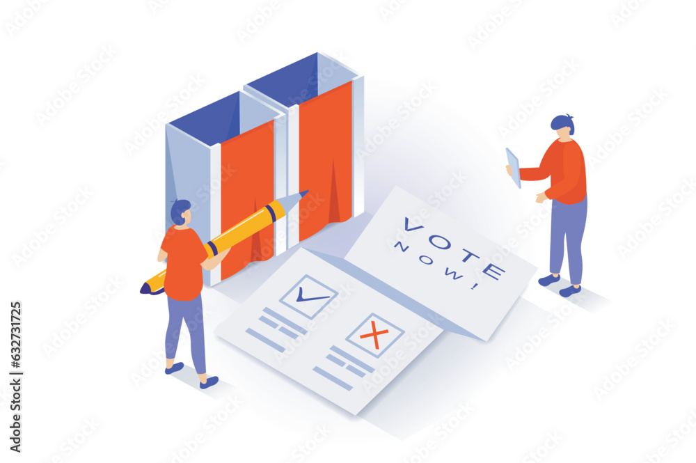 Aufkleber election and voting concept in 3d isometric design. people vote at polling station, ticking checkbox